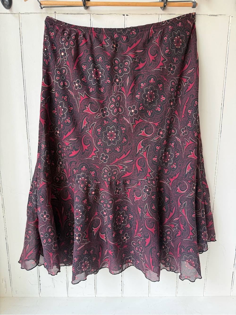 First Option Vintage Y2K Paisley MIDI Skirt Burgundy Whimsigoth Ruffle Large